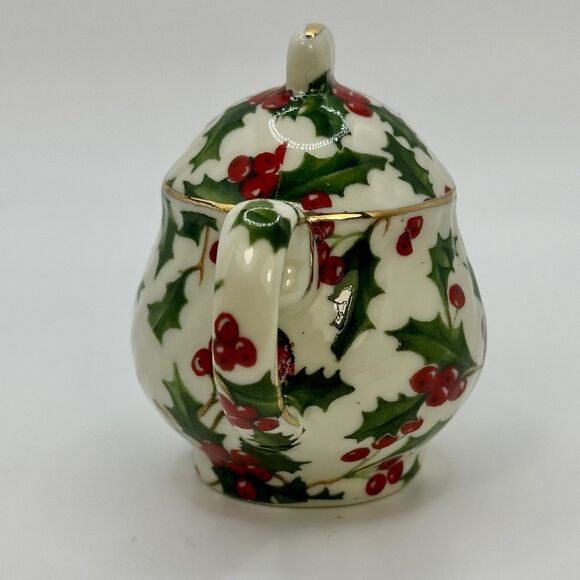 Vintage Miniature Teapot Christmas Decor Ornament Holly Pattern Gold Accents - Picture 3 of 9